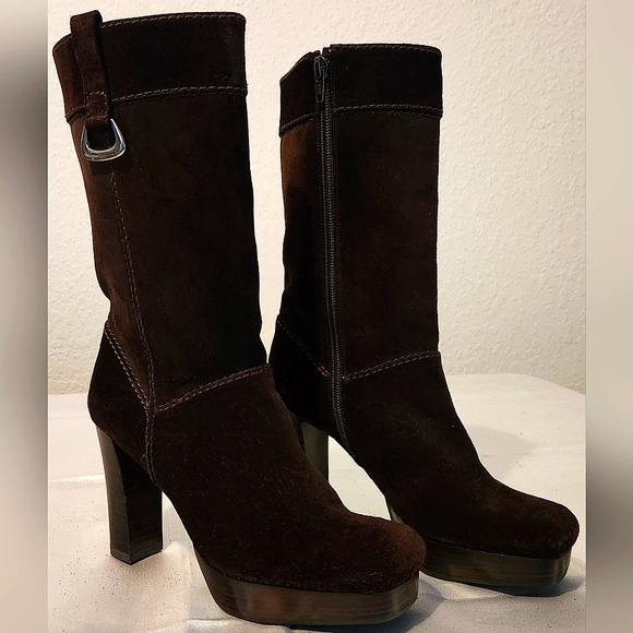 STEWART WEIZMANN ✨️VINTAGE✨️ BROWN SUEDE KNEE HIGH BLOCK HEEL BOOTS SIZE 6.5 M - Picture 2 of 11